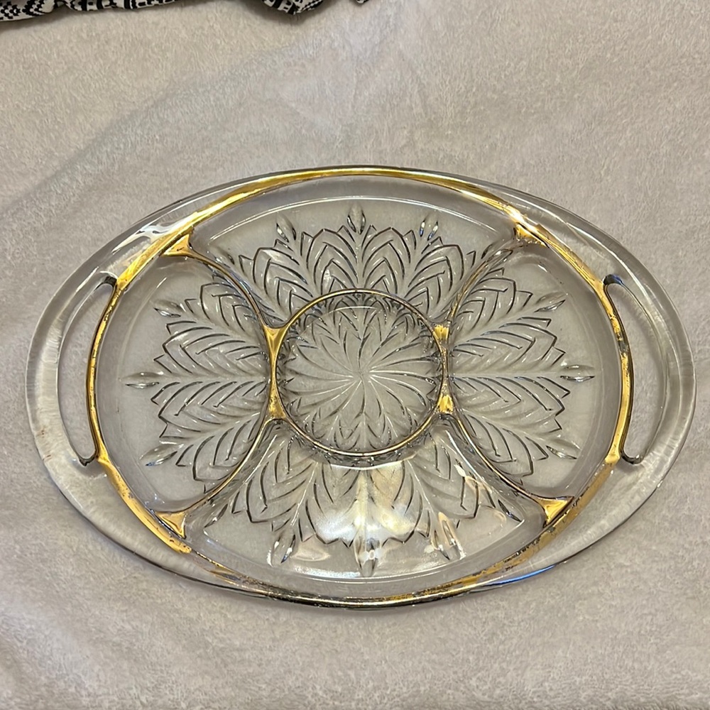 Jeanette Gold Trim Glass Serving Plate w/ Handles
